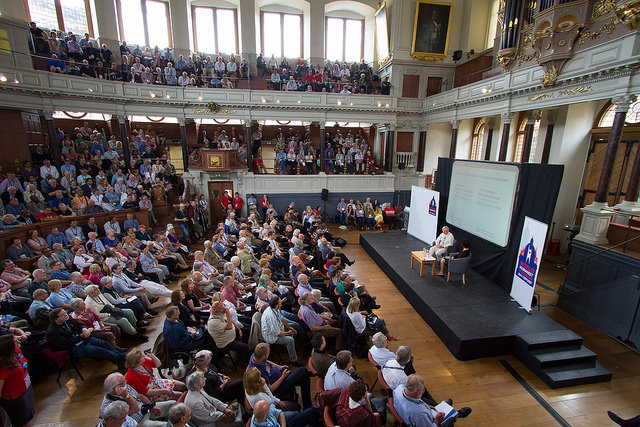 Braodcaster Samira Ahmed interviews Richard Dawkins at a plenary session of World Humanist Congress 2014, in Oxford, UK