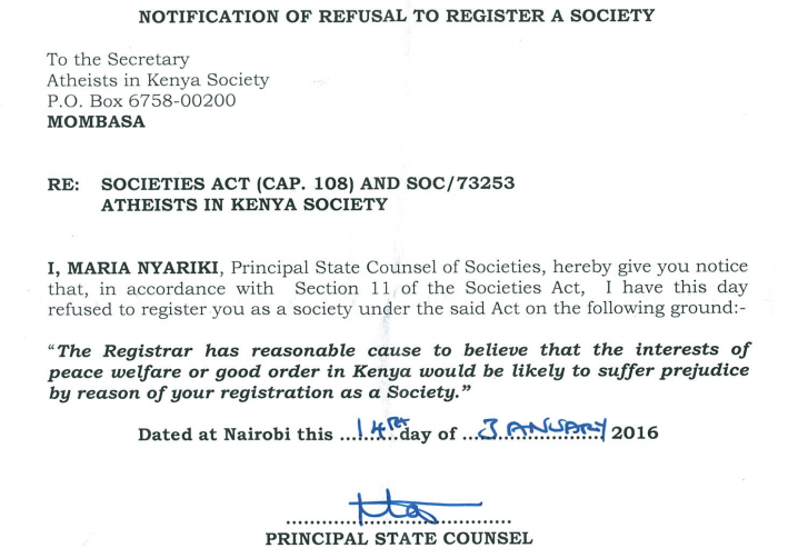 Part of the notice rejecting the application for formal recognition