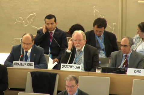 Roy Brown preparing to deliver his final speech as an IHEU delegate to the UNHRC, 9 March 2016