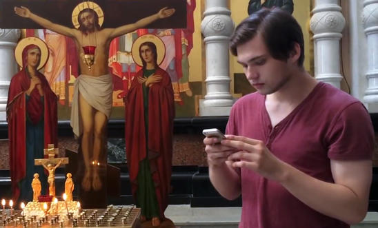 Ruslan Sokolovsky plays Pokemon Go in Russian church