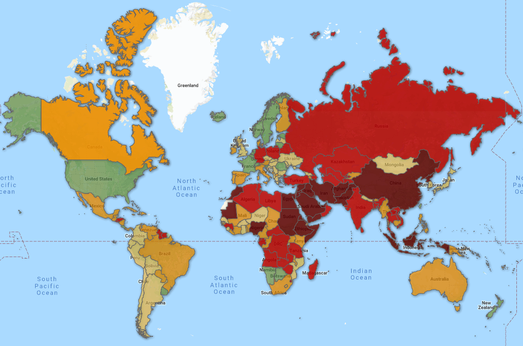 Map of findings in the area of "Freedom of expression, advocacy of humanist values" from the Freedom of Thought Report 2019