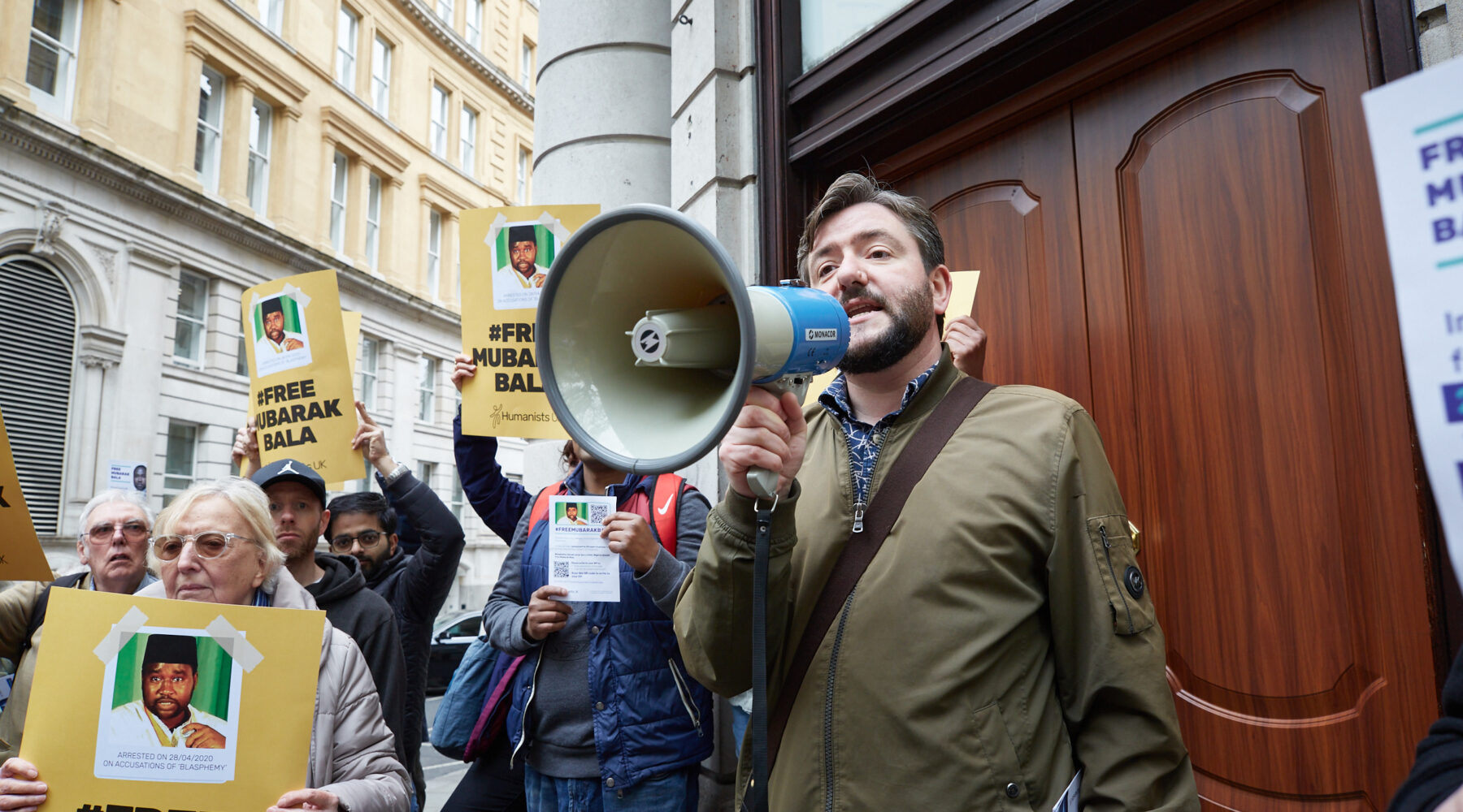 Andrew Copson protests with Humanists UK