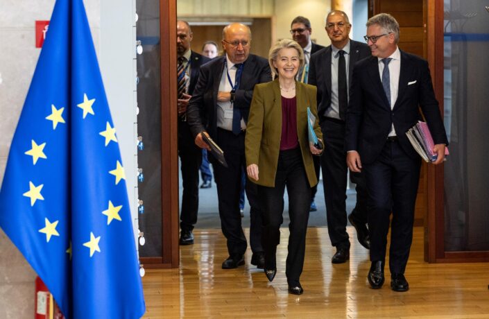 Andrius Kubilius, European Commissioner for Defence and Space, Ursula von der Leyen, Björn Seibert, Head of Cabinet of Ursula von der Leyen, Costas Kadis, European Commissioner for Fisheries and Oceans, and Magnus Brunner, European Commissioner for Internal Affairs and Migration (from left to right)